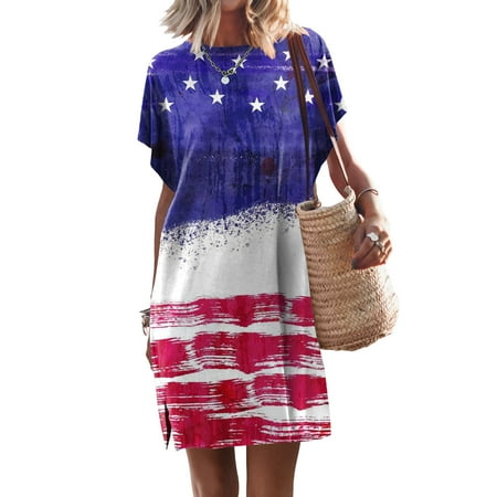 

Hvyesh Summer Dresses for Women 2023 Plus Size Loose Fit Midi Dress Independence Day Pattern Crewneck Side Split Sundresses Short Sleeve Vacation Dresses Blue