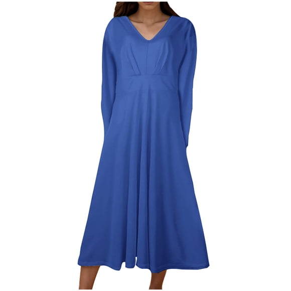 cfhntfmh Vacation Dresses for Women Fashion V Neck Solid Color Midi Dress Lounge Long Sleeve Beach Tshirts Dress