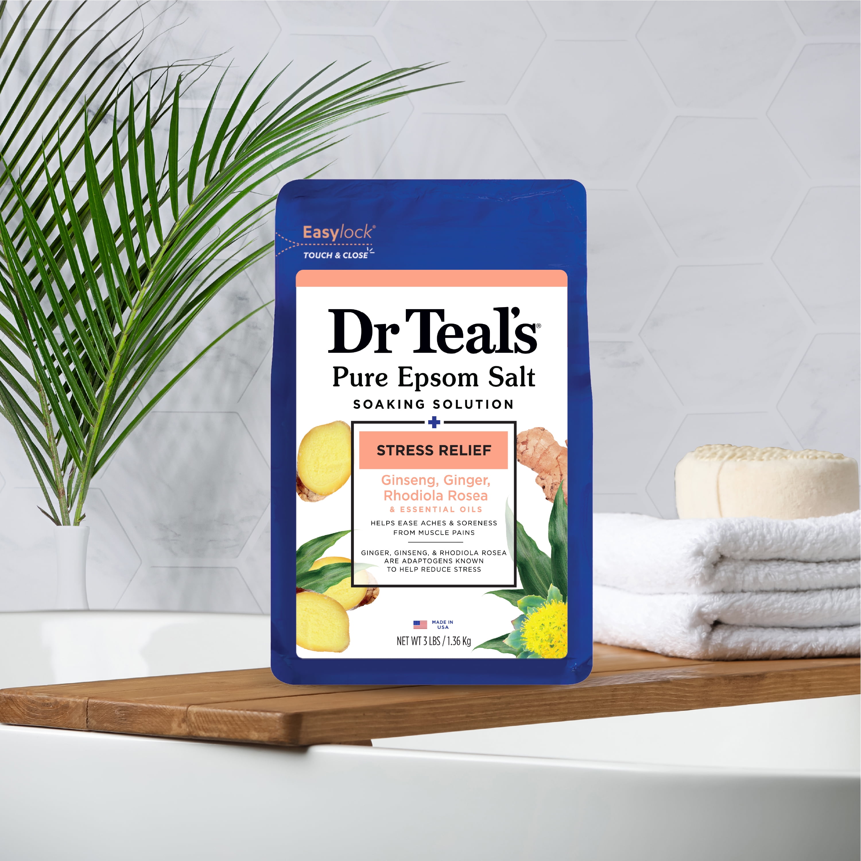 (2 pack) Dr Teal's Epsom Salt Magnesium Soak, Stress Relief with Ginseng & Ginger, 3 lbs