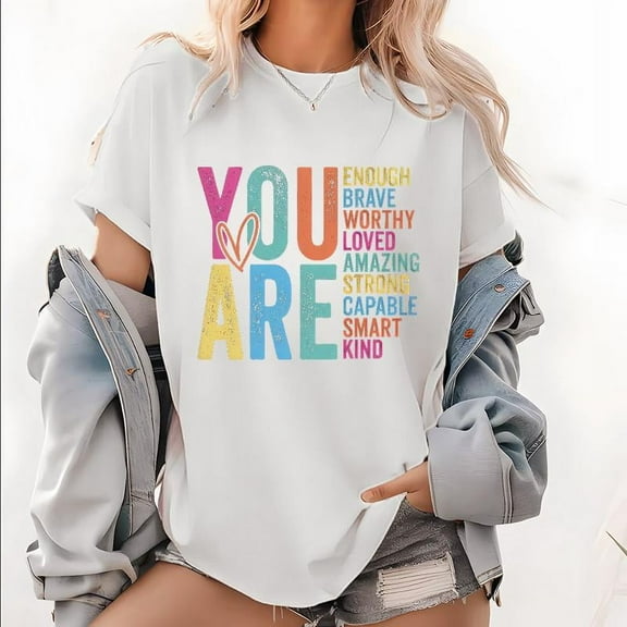 Positive Affirmation Print T Shirts "You Are Capable" Encouraging Message Casual Pattern Tops for Womens Self-Love & Strength,S-5XL