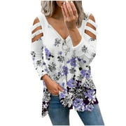 CZHJS Women's Comfy Lightweight Pullover For Fall Clearance Casual Loose Zipper V Neck Tie Dye Floral Printing Tops Fashion Vintage Clothing Trendy Work Flowy Tunic Cutout Long Sleeve Shirts Purple M