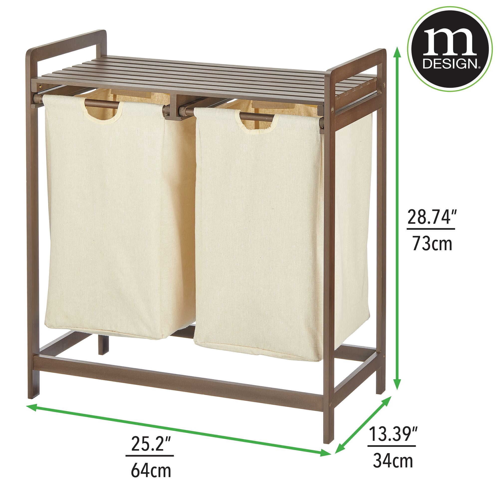 mDesign Bamboo Freestanding Double Laundry Basket Hamper Organizer - Dark Brown