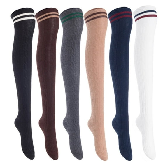 Lian Lifestyle Women's 6 Pairs Incredible Durable Super Soft Unique Over Knee High Thigh High Cotton Socks, Size US 6-9, JMYP1023 Black, Coffee, Dark Gray, Khaki, Navy, White