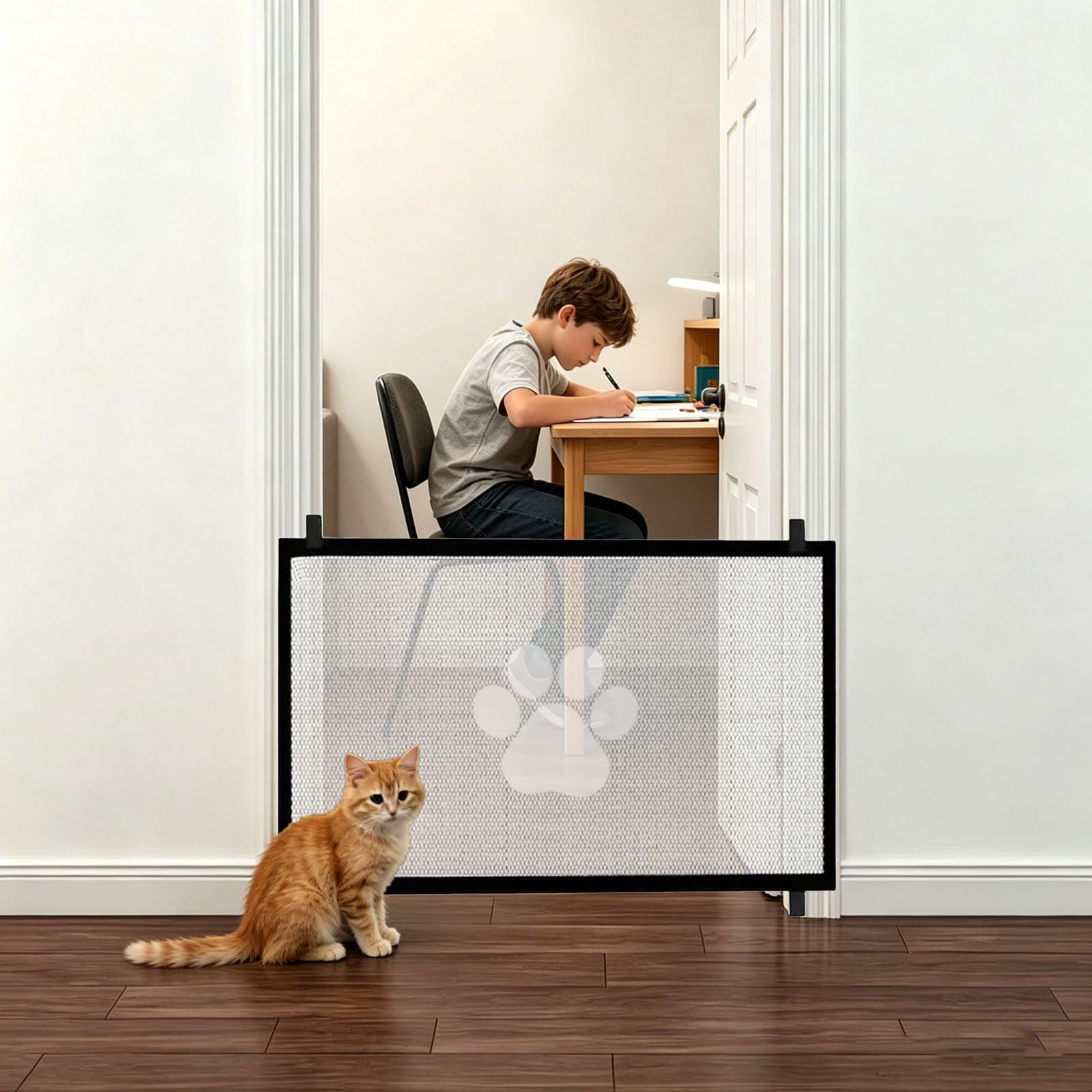 Pet Safety Gate Mesh Screen, Portable Dog Cat Isolation Barrier for Doorways, Stairs and Hallways, Retractable Mesh Gate with Paw Print Design, Easy Install Indoor Pet Fence for Home