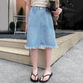 thumbnail image 4 of Girls Denim Midi Skirt Casual Elastic High Waist Knee Length Jean Skirt with Pockets Distressed Hem A Line Skirts ，Suitable for School and Daily Wear(Blue/150), 4 of 9