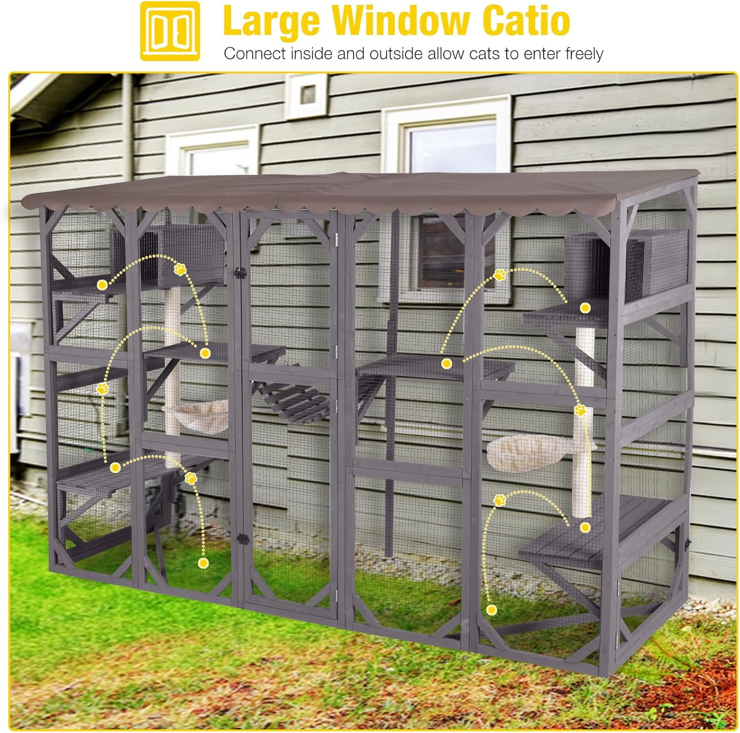 Aivituvin Catio Outdoor Cat Enclosure Window Large Cat Patio 3 Tiers with 6 Platforms and 2 Scratching Posts for Cats House 104" L