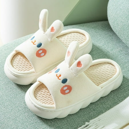 

CoCopeanut 2022 Cute Cartoon Bunny Cotton Linen Slippers Women Summer Breathable Platform Slides Floor Mute Slippers Kawaii Flip Flops