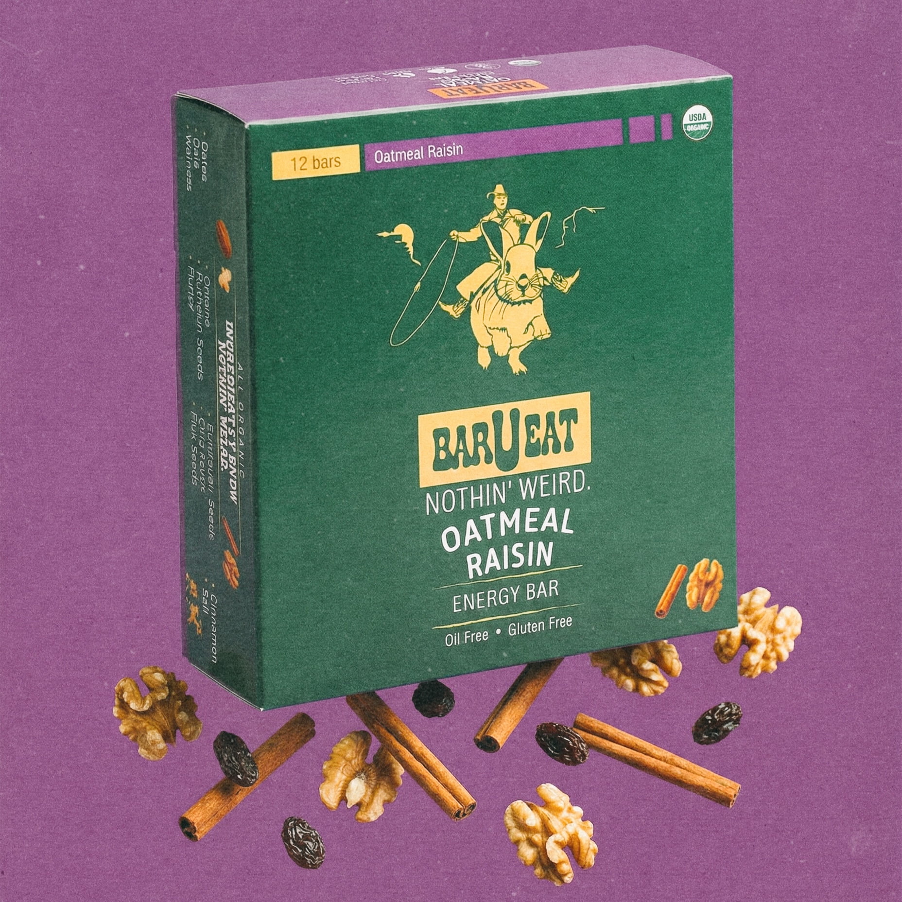 BAR-U-EAT Gluten-Free, Organic, Soft & Chewy Energy Bar. Whole Food Ingredients | Compostable Packaging | No Artificial Sugar | Healthy Snacks (Oatmeal Raisin 12 Pack)