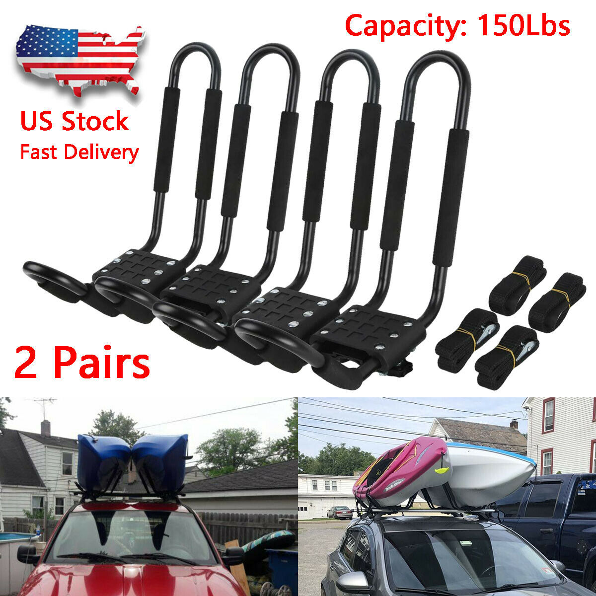 1 Pair Canoe Boat Kayak Roof Rack Car SUV Truck Top Mount Carrier J Cross Bar
