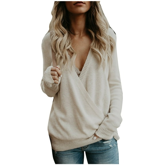 Ayolanni Womens Blouses Casual Long Sleeve Deep V-Neck Beige Solid Pullover Blouses Girls Shirts L