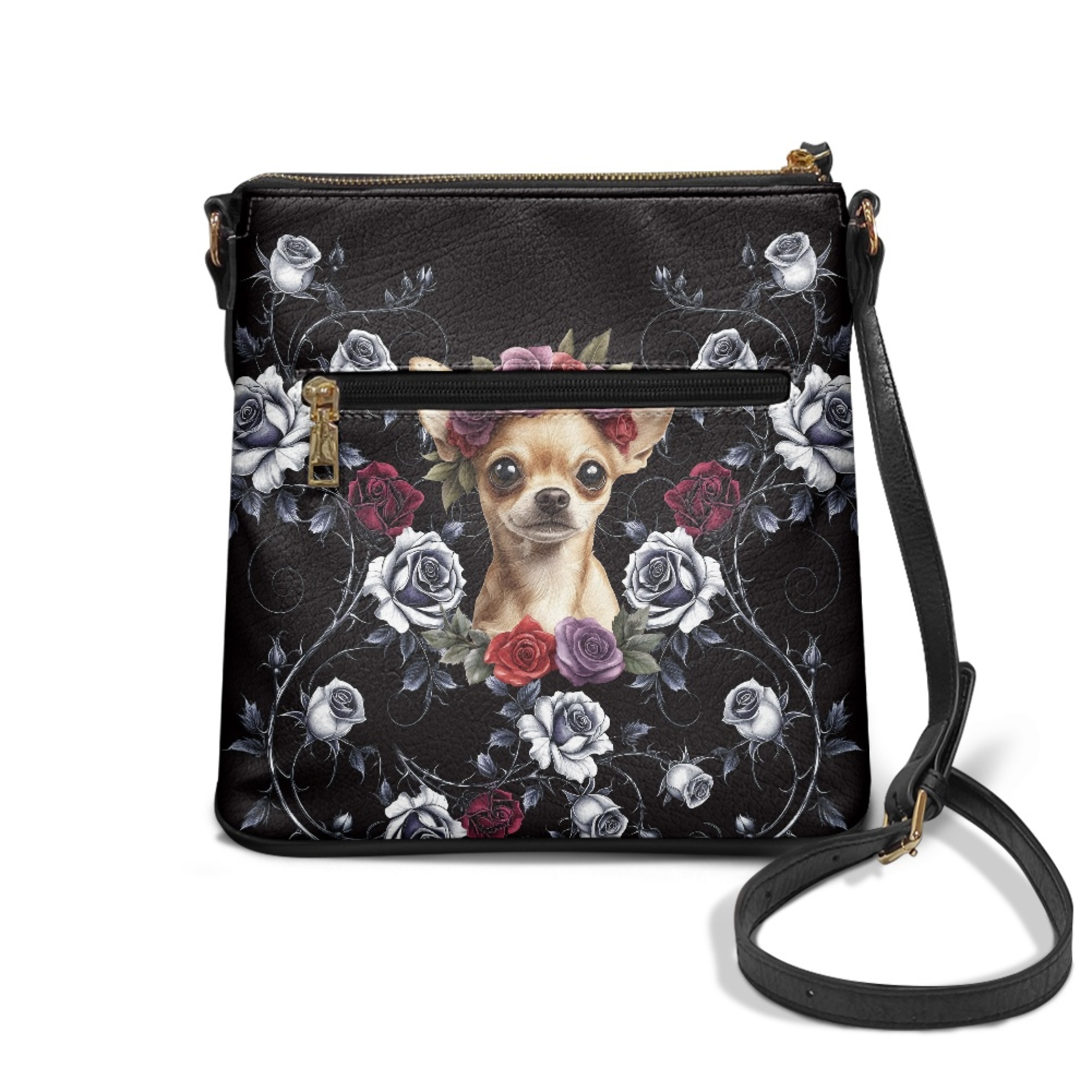 Kuiaobaty Chihuahua Rose Print Crossbody Bag for Women, Roomy Casual Leather Shoulder Handbag with Adjustable Strap, Zipper Pockets Sling Bag Crossbody for Travel, Black