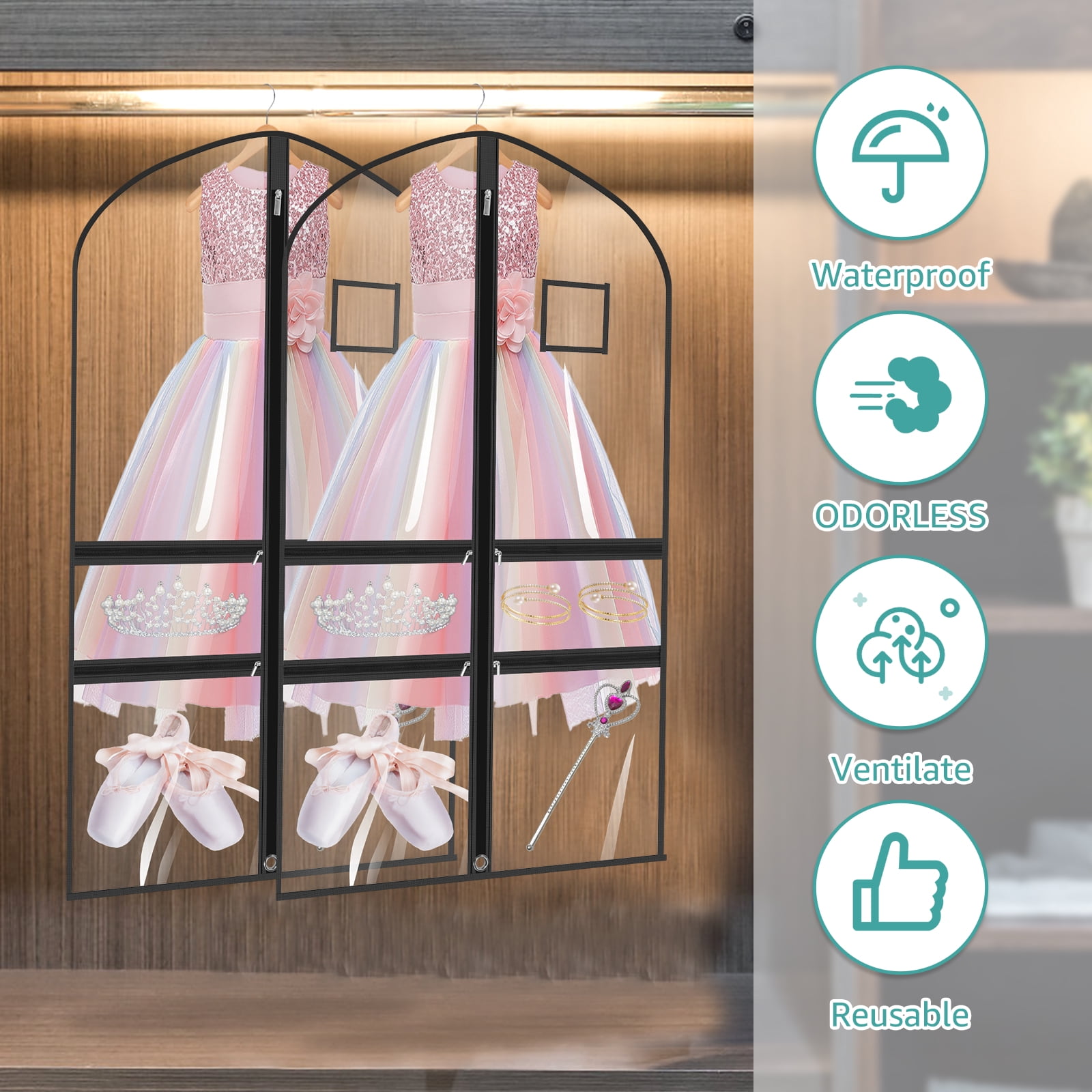 4/8 Pack Dance Garment Bag 40" x 22" PVC Clear Costume Bag for Dancer with 4 Zippered Pocket for Hanging Clothes for Dance Competition Recital Travel and Closet Storage