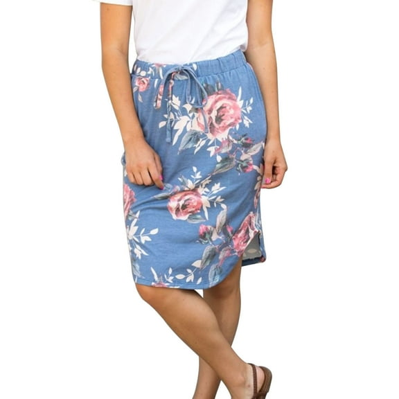 Wenseny Straight Skirt for Women Elastic Waist Side Split Fashion Casual Skirts Blue Floral S