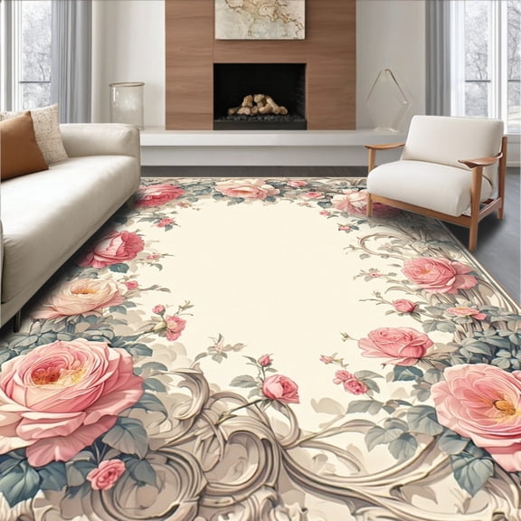 ODIKA 4'x6' Machine Washable Non-Slip Area Rug, Heritage Bloom Round Accent With Elegant Vintage Inspired High Traffic Rug, Pink, 231576
