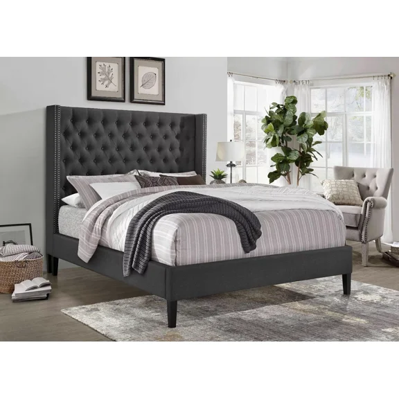 Upholstered Eastern King Platform Bed with Tufted Wing Back Headboard, Nailhead Accent, Gray