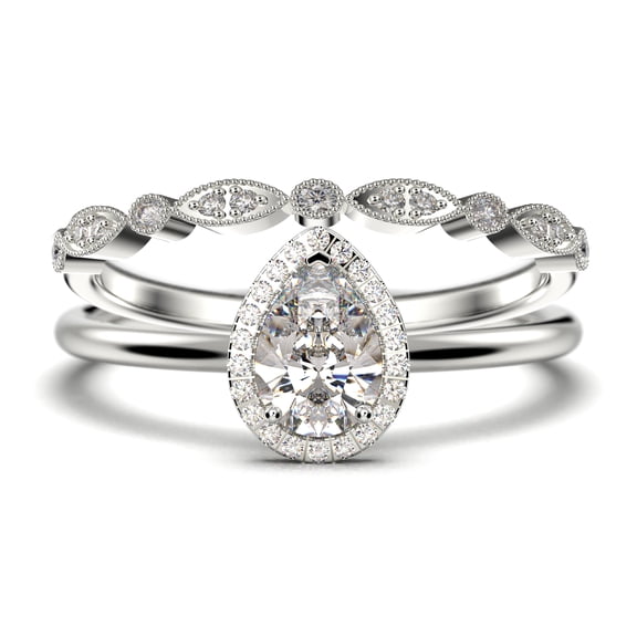 Beautiful Art Deco 1.75 Carat Pear Cut Affordable Diamond Moissanite Engagement Ring, Classic Wedding Ring, One Matching Band in 925 Sterling Silver With 18k White Gold Plating