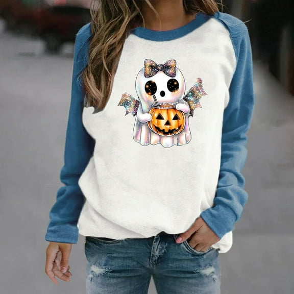 HOOJT Halloween Sweatshirts for Women Oversized Loose Long Sleeve Shirts Fall Round-Neck Blouses Cute Funny Printed Sweaters Crewneck Pullover Top Halloween Costumes