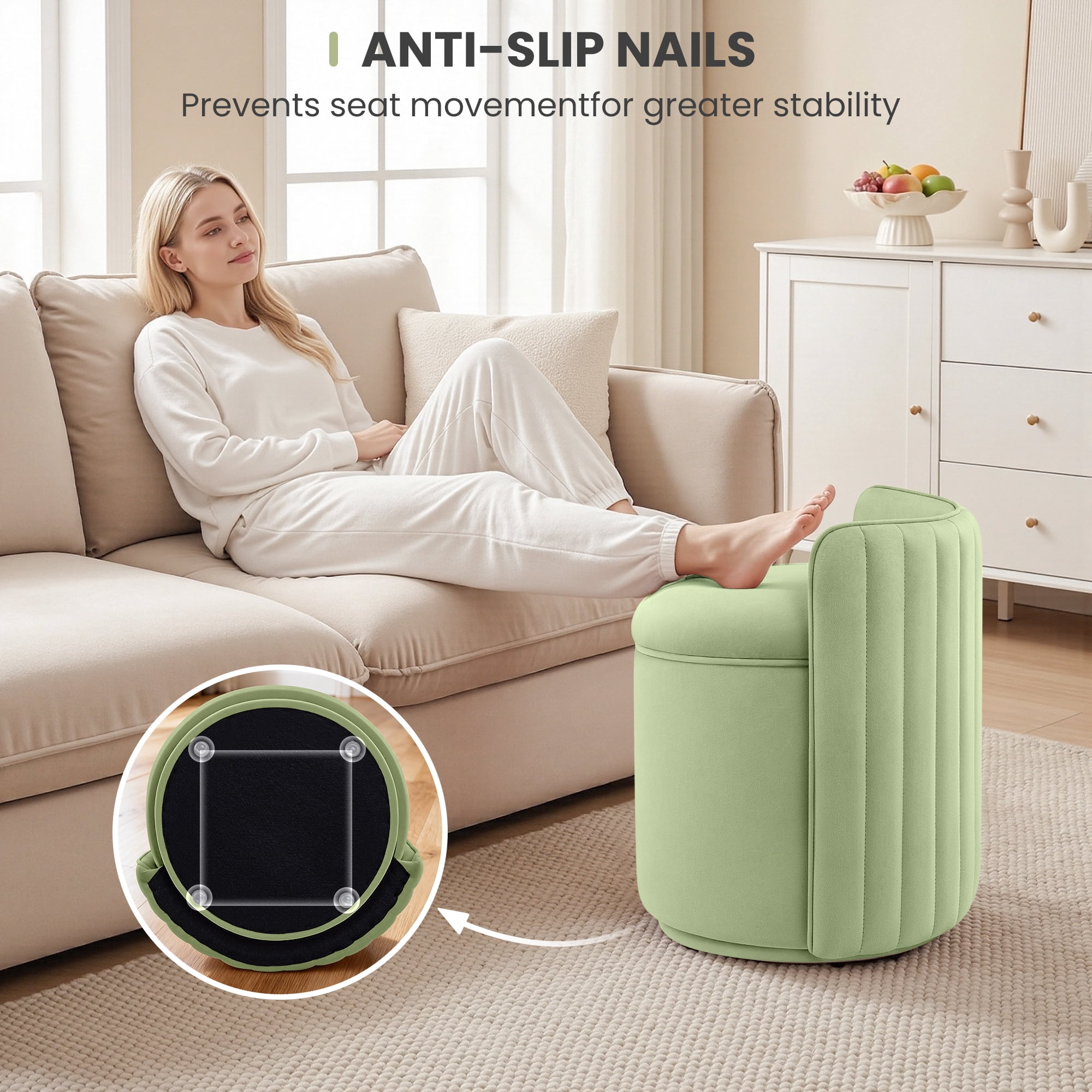 ATHOPE Vanity Chair with Storage, Velvet 360° Swivel Chair with Back, Modern Round Upholstered Bedroom Chair, Comfy Makeup Chair for Dressing, Living Room, No Assembly Required, Green