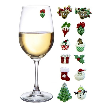 Christmas Holiday Magnetic Wine Glass Charms & Cocktail Markers Set of 12 - Great Christmas Hostess Gift or Stocking