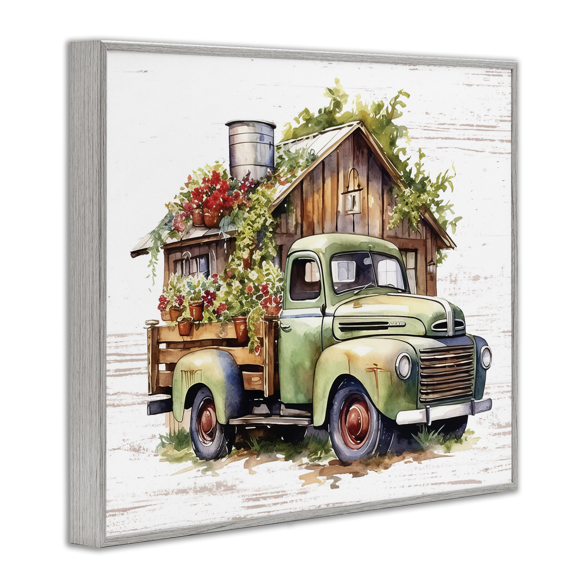 Stupell Industries Rustic Pickup with Greenery Transportation Painting Gray Framed Art Print Wall Art, 14 x 11