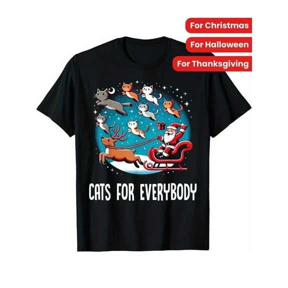 Xmas Cats for Everyone - Soft Cotton T-Shirt for Men & Women, Perfect for Christmas, Halloween, Thanksgiving | Comfortable Black Short Sleeve Tee with Geometric Design