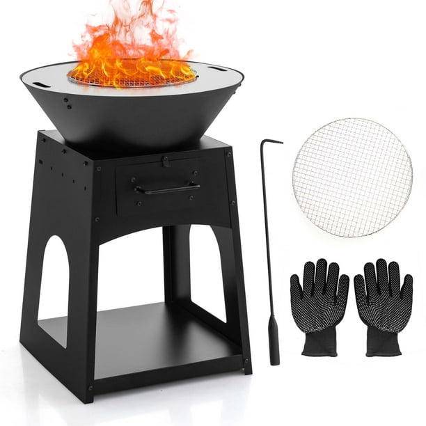Costway Fogón al aire libre con soporte para leña, fogón de metal galvanizado con parrilla, caja de cenizas, atizador, guantes, versátil set de fogón y parrilla 2 en 1 para patio, reuniones, BBQ,