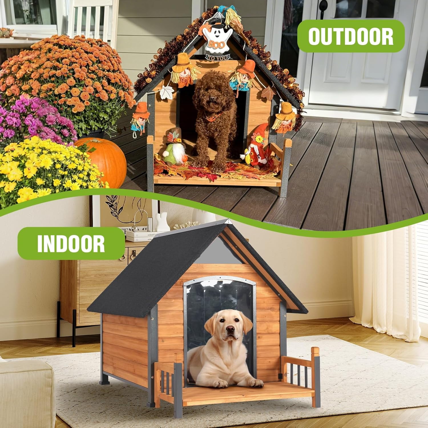 MEDEHOO Heated Outdoor Dog House Insulated Weatherproof Dog Kennel with All-Around Metal Frame, Anti-Bite Puppy Home with Porch, Dog Shelter for Large Breed (Brown, 50.9'' Large)