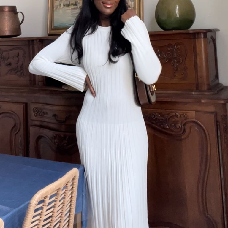 bodycon sweater maxi dress Joernso Women's Long Sleeve Ribbed Knitted Crew Neck Dress Elastic Slim Tie Waist Pencil Long Dress Black tie awards night holywood This garment fits true SIZE:12D