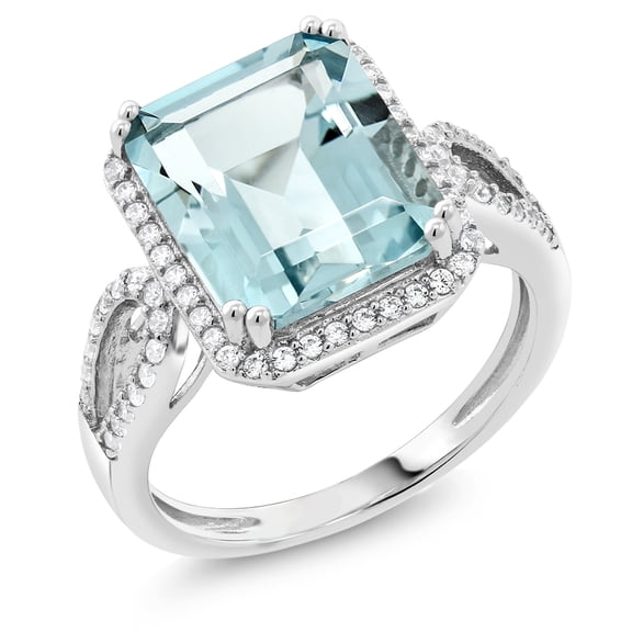 Gem Stone King 5.00 Cttw Simulated Aquamarine Ring for Women | 925 Sterling Silver | Emerald Cut 12X10MM | Available in Size 5,6,7,8,9