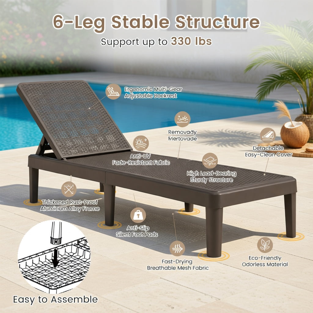 Hommoo Outdoor Chaise Lounge Chair, Adjustable 4-Position Reclining Patio Lounger with Waterproof Faux Rattan PP Surface, Brown