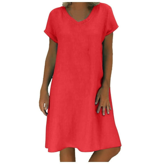 GEWSEY Women's Casual T Shirt Dress Summer Short Sleeve Swing Dresses with Pockets Red, L