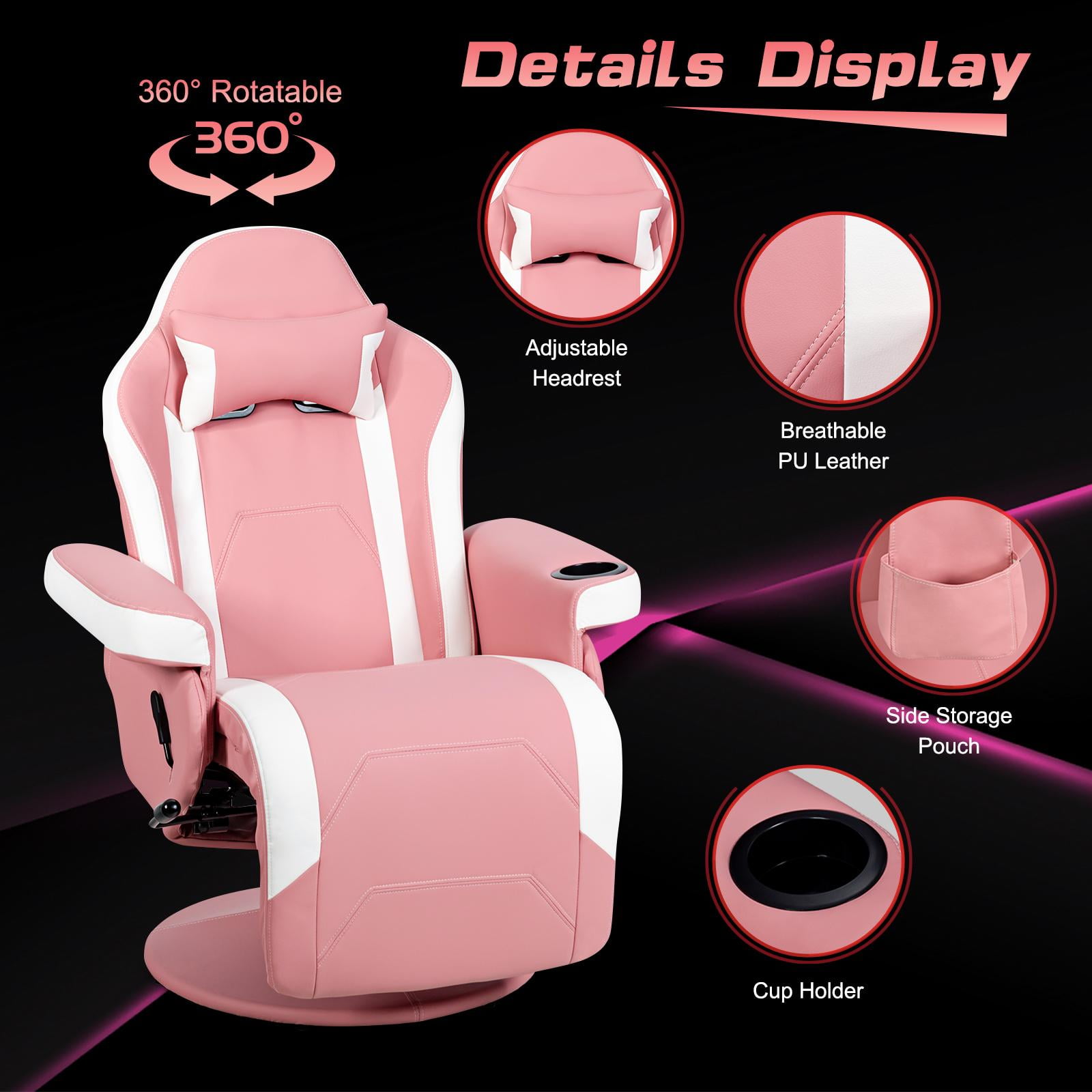 Massage Gaming Recliner, High Back Swivel Home Office Chair w/Adjustable Backrest & Footrest for Gaming, Pink