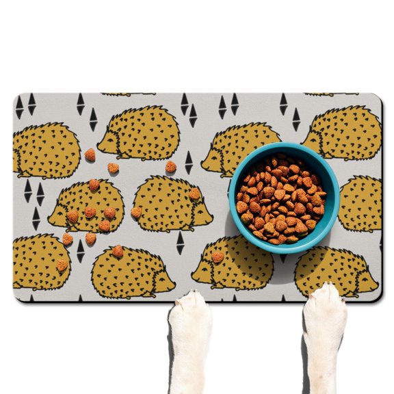 Abstract Hedgehog & Leaves Dog Feeding Mat - Absorbent Pet Placemat with Kawaii Hedgehog Print