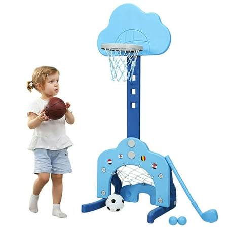 Canddidliike 3-in-1 Kids Basketball Hoop Set with Balls-Blue Soccer Goal Ring Toss Golf Play Set Basketball Hoop for Kids Indoor Outdoor Sports