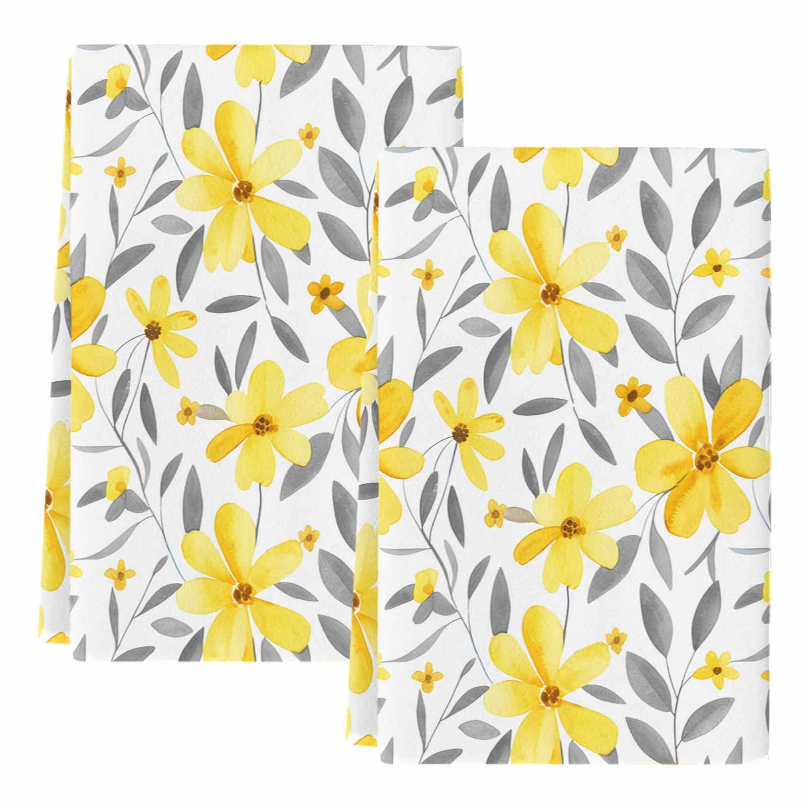 Yellow Flowers Kitchen Towels Set of 2, Farmhouse Watercolor Florals Grey Leaves Absorbent Dish Towels for Kitchen, Microfiber Hand Towel, Quick Drying Tea Towel for Cleaning Decorative Dishcloths