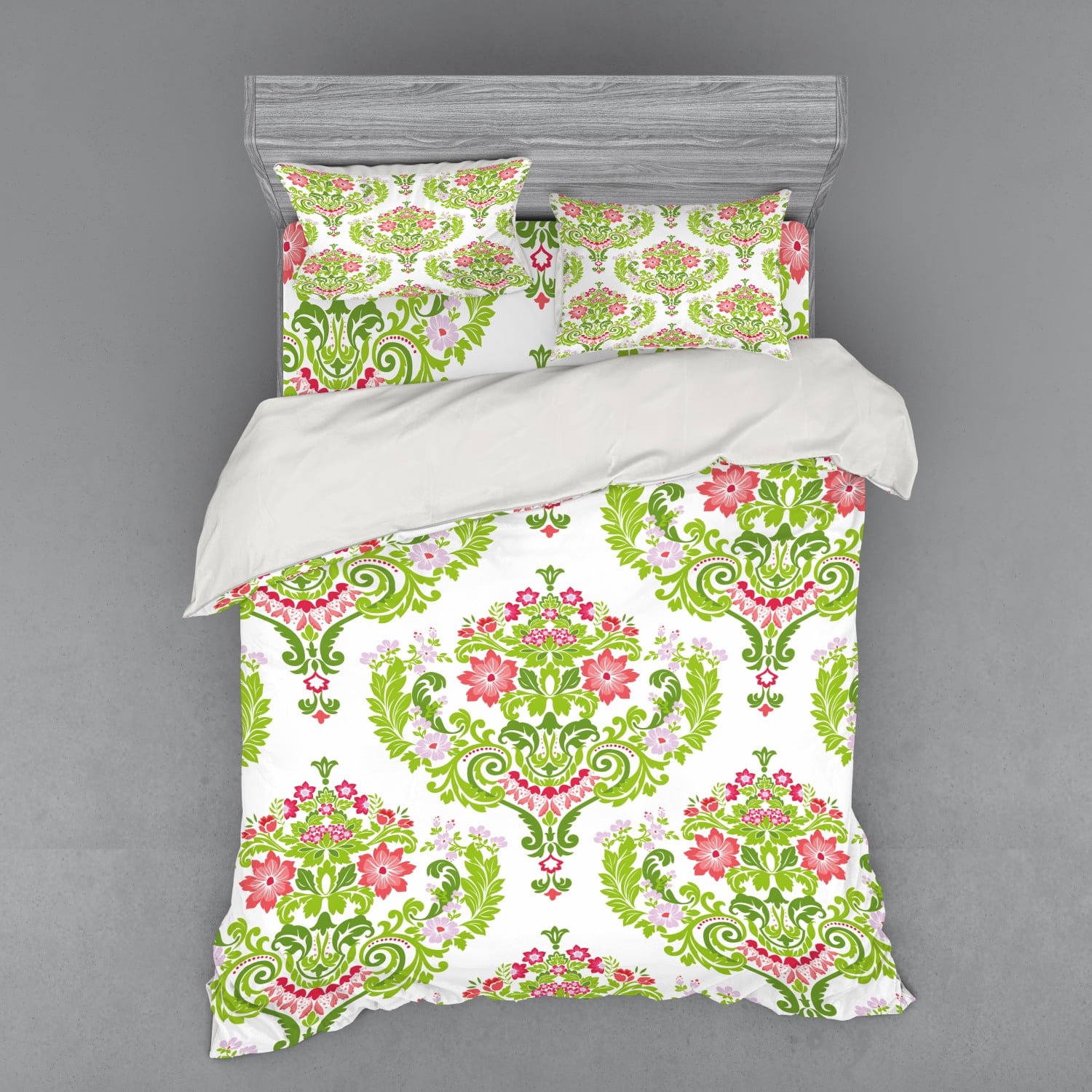 Damask Duvet Cover Set, Floral Arrangement Damask Green Foliage Design