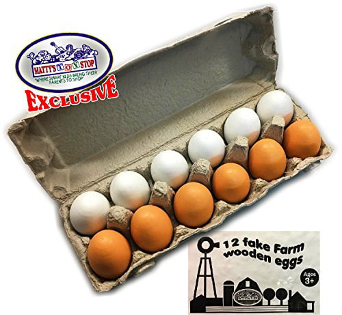 Deluxe Wooden Eggs in Real Egg Carton Play Food White & Brown 12 Pieces 