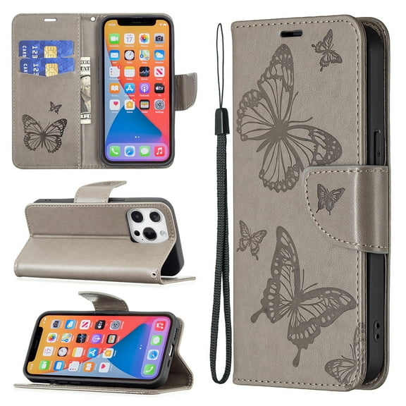 iPhone 13 Wallet Case, Embossed Butterfly PU Leather Credit Card Holder Slots Full Body Protection Kickstand Flip Folio Shockproof TPU Phone Cover for Apple iPhone 13,Gray
