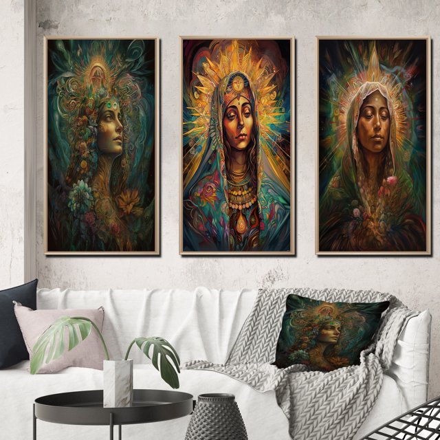 Designart "Holy Mary Radiating Aura IV" Christianism Framed Wall Art Set Of 3 - Green Traditional Frame Gallery Wall Set For Home Decor