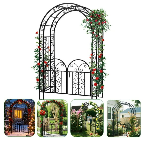 SHZOND Garden Arch with Gate, 7ft Outdoor Steel Arbor Trellis with Stakes, Metal Archway for Climbing Plants, Wide Sturdy Garden Arch for Lawn, Party, Ceremony Wedding Decor, Black