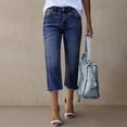 thumbnail image 2 of Dresfit Womens Capri Pants Straight Leg Denim Petite Jeans 2026 Summer Frayed Ripped High Waisted Slim Fit Y2k Streetwear with Pockets Royal Blue M, 2 of 7