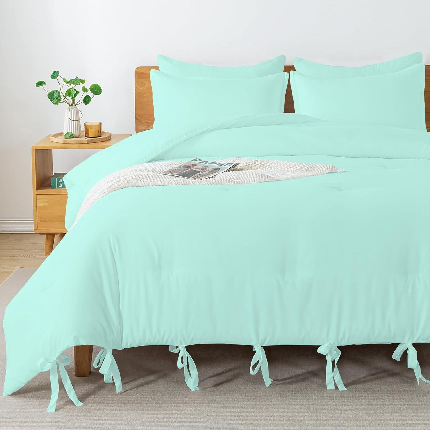 3 Piece Luxury Bottom Tie Pattern Comforter Set, 800 TC, 100% Egyptian Cotton, King/California King Size Aqua Blue Solid