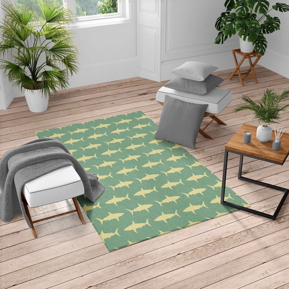 Sea Animals Turkish Area Rug, Sharks Swimming Horizontal Silhouettes Powerful Dangerous Wild Life, Soft Carpet for Living Room Decor, 4' X 5.7', Pale Teal and Beige, by Ambesonne