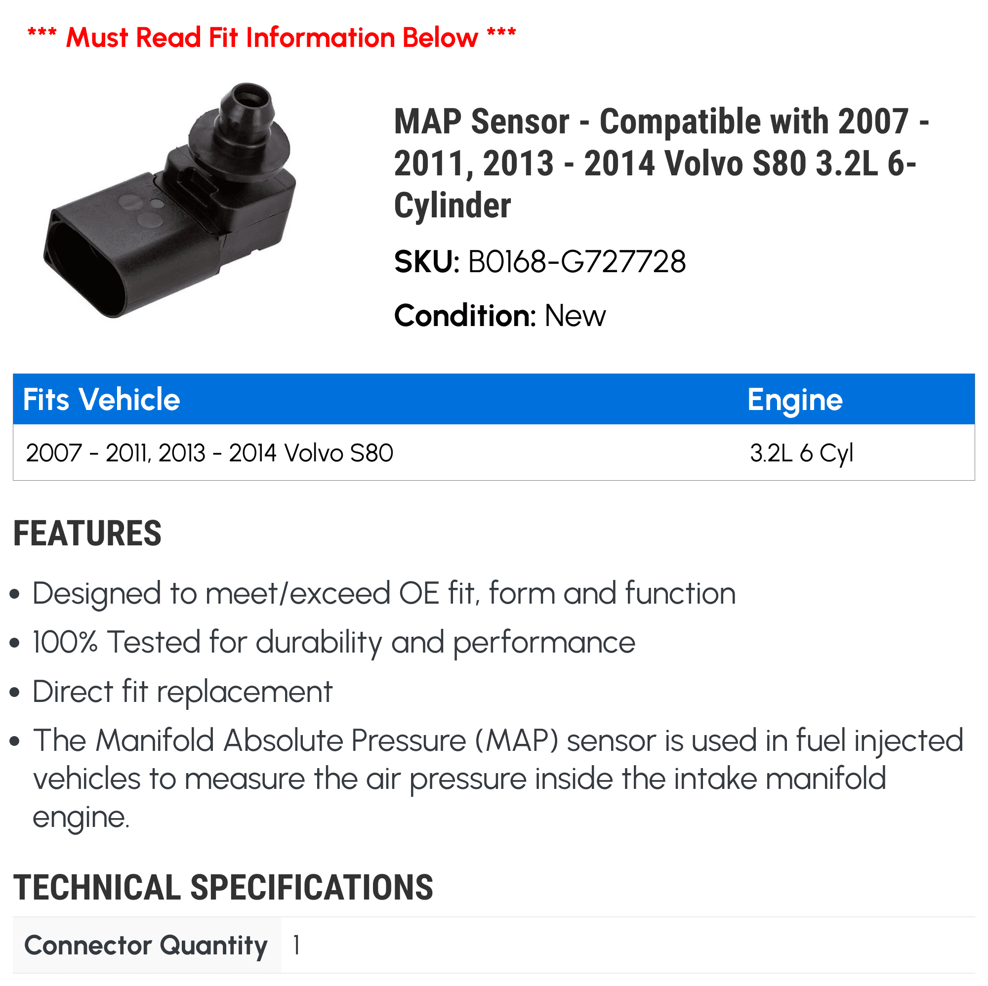 MAP Sensor - Compatible with 2007 - 2011, 2013 - 2014 Volvo S80 3.2L 6-Cylinder 2008 2009 2010