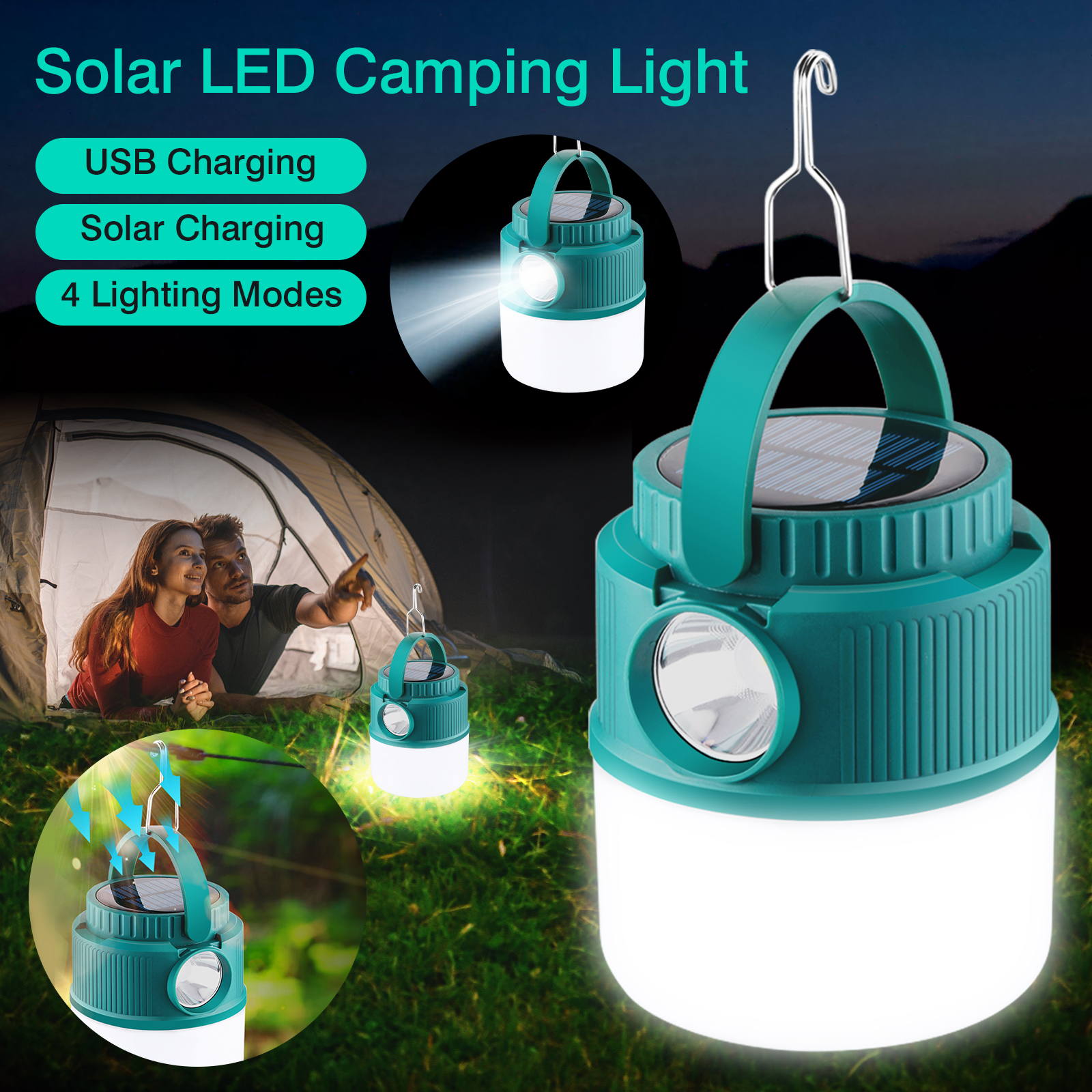 Solar Camping Lights Camping Lanterns LED Camping Light Rechargeable Tent Lamp 4 Modes Spotlight Waterproof Portable Light