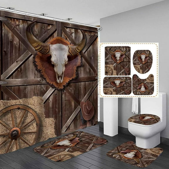 4PCS Western Shower Curtain Sets With Rugs, Waterproof Fabric Brown Shower Curtain, Country Barn Door Cow Skull Cowboy Boots Hat Sunflower Floral Leaf Wild West Rustic Farmhouse Bathroom Decor