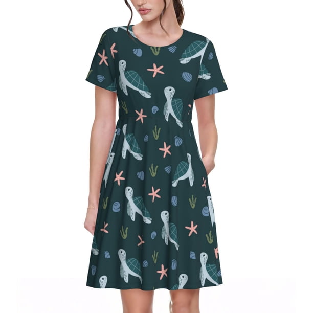 Easygdp Cute Turtle para Vestido Transpirable de Mujer, Vestido Suelto de Manga Corta con Pliegues y Bolsillos para el Verano
