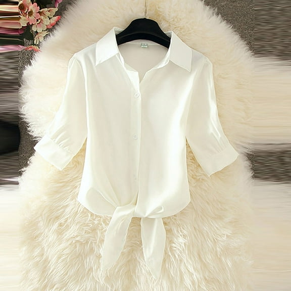 Oversized Tshirts for Women, Fashion Casual Turn-down Collar Short Sleeve Button Shirt, White M