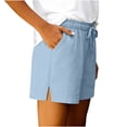 thumbnail image 4 of Linen Shorts for Women Summer Casual Wide Leg Loose High Waist Drawstring Dressy Shorts Solid Side Split Shorts Pants Beach Vacation Clothes, 4 of 6