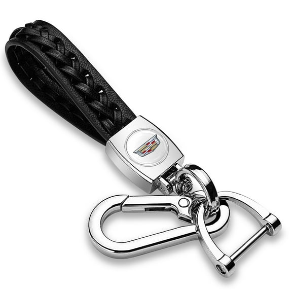 iPick Image for Cadillac Crest Logo Braided Rope Style Genuine Black Leather Key Chain, Official Licensed